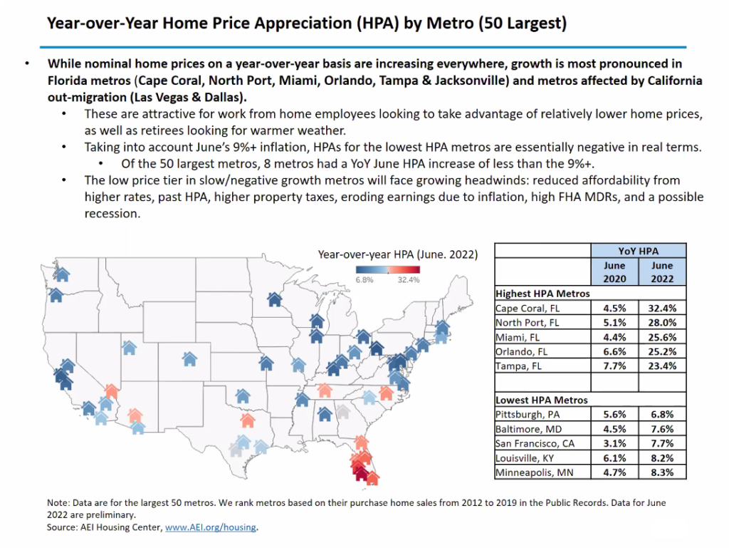 Map of country with home price appreciation by region.